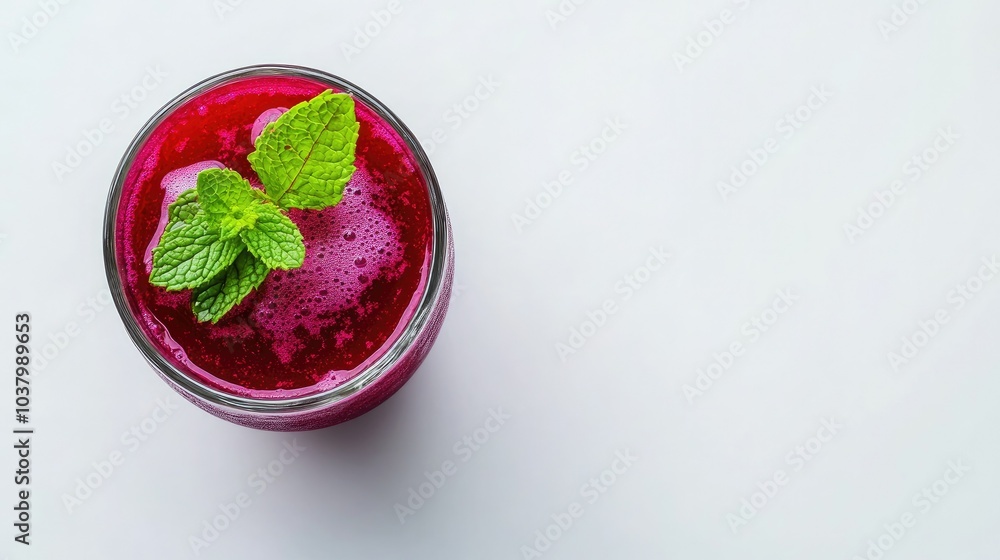 A vibrant glass of beetroot juice with a garnish of mint leaves, placed on a pristine white background. Bold and nutritious. A vibrant glass of beetroot juice with a garnish of mint leaves, placed on a pristine white background. Bold and nutritious.