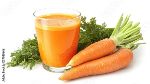 A vibrant carrot juice in a clear glass, with fresh carrots beside it, set on a clean white background. Nutritious and energizing.