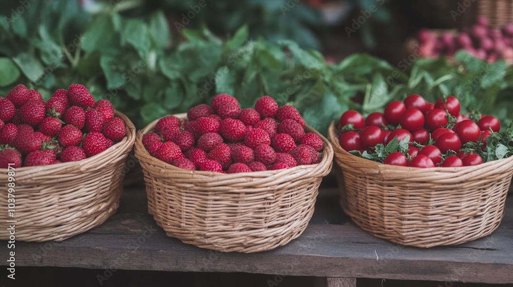 Fresh Strawberries and Tomatoes in Wicker Baskets Fresh Strawberries and Tomatoes in Wicker Baskets