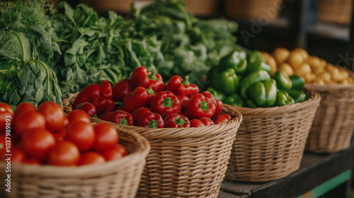 Fresh Produce in Wicker Baskets at Farmers Market