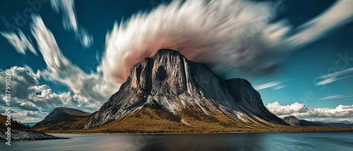  A mountain shrouded in clouds hovers over a foreground body of water, while a larger background body lies serene photo