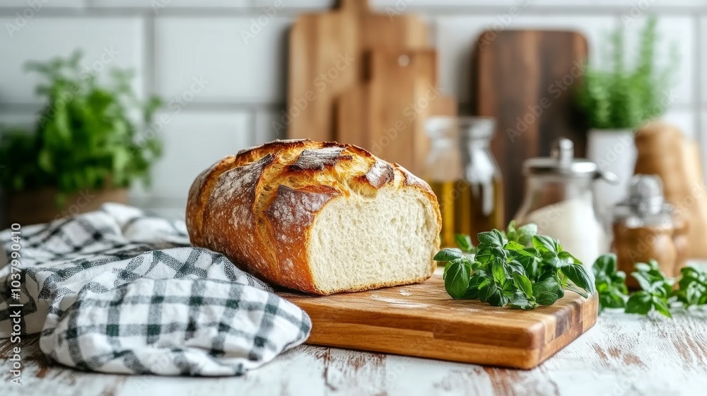 Freshly Baked Crusty Bread on Wooden Cutting Board with Basil Freshly Baked Crusty Bread on Wooden Cutting Board with Basil