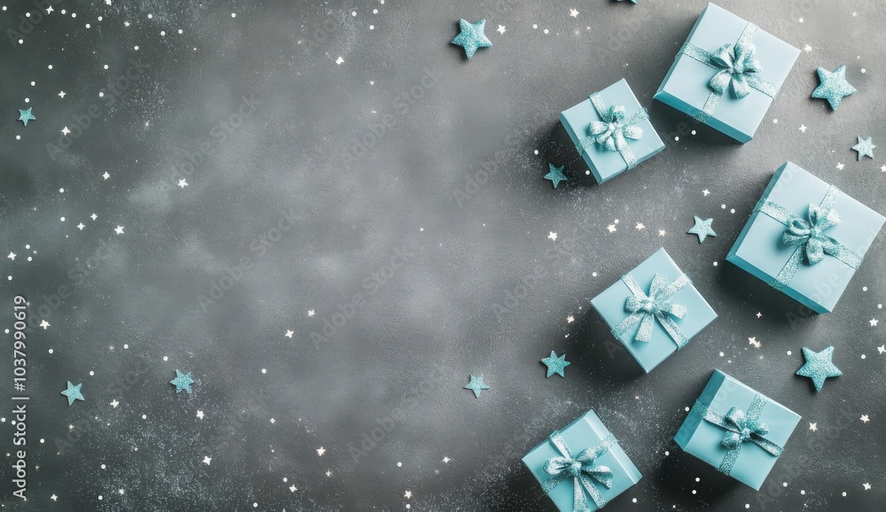 Elegant blue gift boxes and stars on gray background for celebrations Elegant blue gift boxes and stars on gray background for celebrations