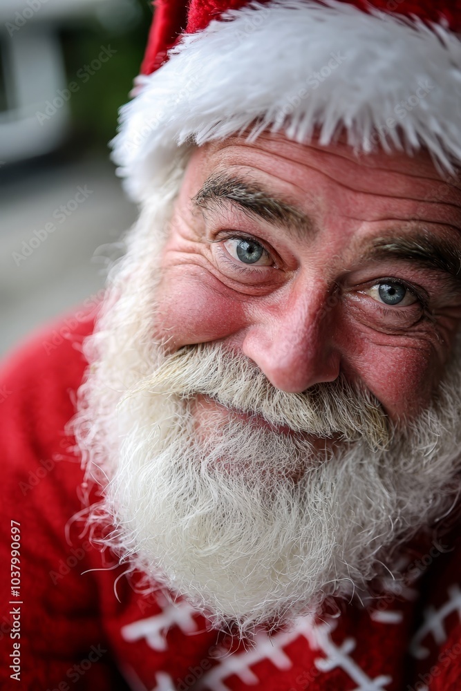 A tight shot of an individual donning a Santa hat and a red sweater embellished with white snowflakes A tight shot of an individual donning a Santa hat and a red sweater embellished with white snowflakes
