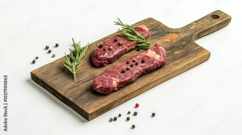 Two raw beef steaks on a wooden cutting board with sprigs of rosemary and peppercorns, laid out on a white background. Fresh and ready to cook. Two raw beef steaks on a wooden cutting board with sprigs of rosemary and peppercorns, laid out on a white background. Fresh and ready to cook.