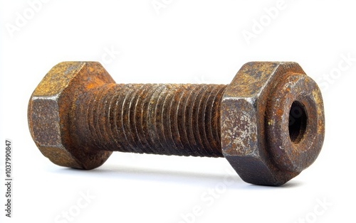 A macro shot of an old, rusty bolt with a matching nut, emphasizing the rust patterns and surface imperfections