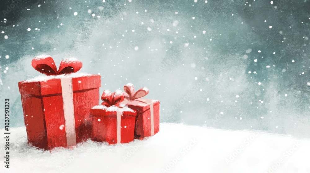 Festive red gift boxes in snowy winter scene with falling snowflakes Festive red gift boxes in snowy winter scene with falling snowflakes