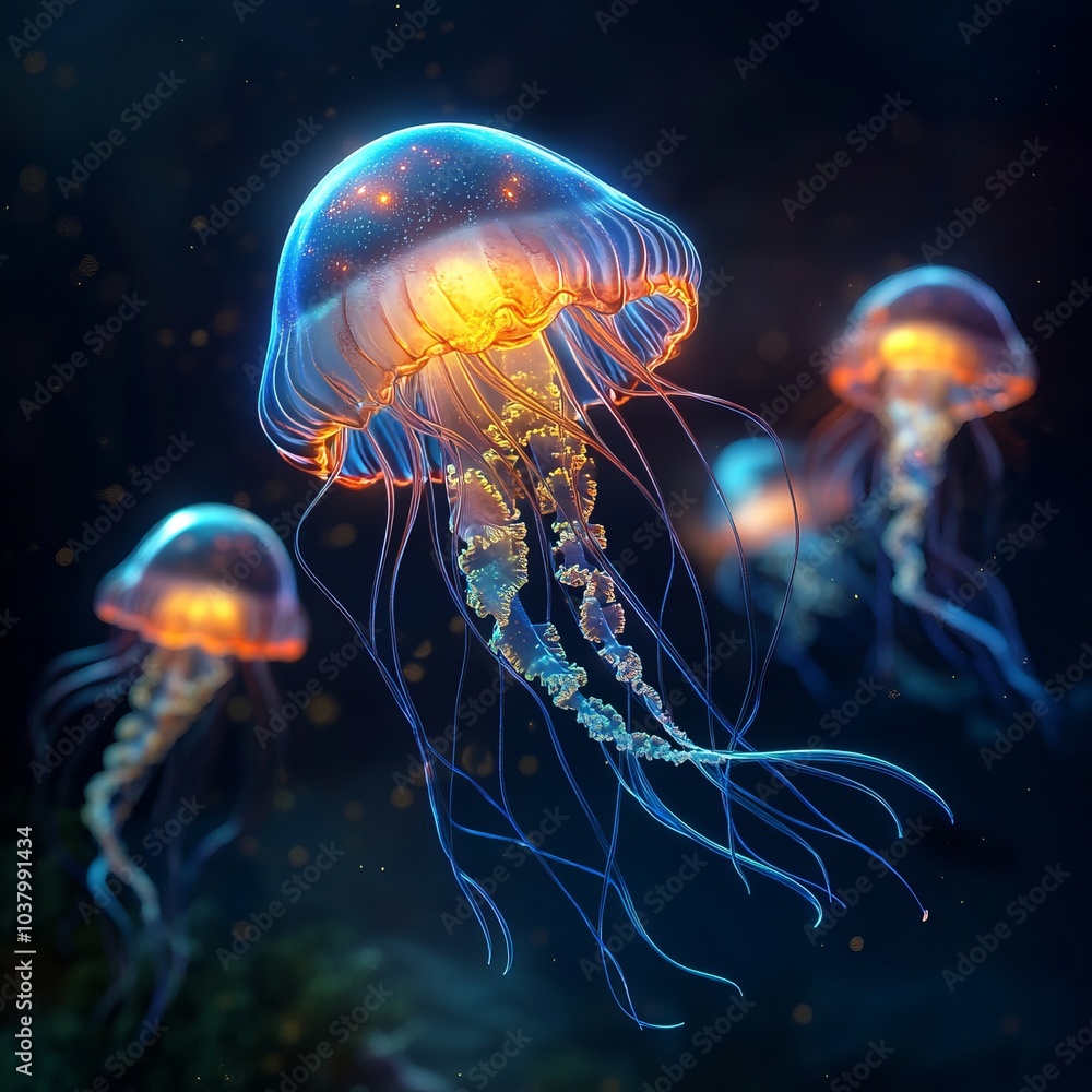 Naklejka premium A group of bioluminescent jellyfish swim in the dark ocean water. Their bodies glow with an ethereal light.