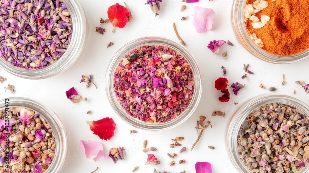 Dried Flowers and Herbs in Glass Jars on White Background Top View Dried Flowers and Herbs in Glass Jars on White Background Top View