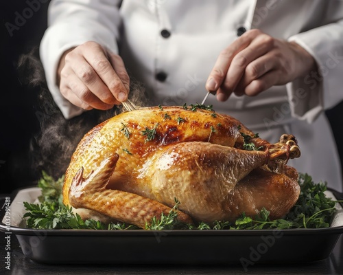 A chef garnishes a perfectly roasted turkey on a platter, surrounded by fresh herbs, showcasing culinary expertise and presentation. photo