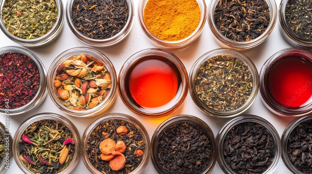 Assortment of Dried Tea Leaves and Infusions in Glass Jars on White Background Assortment of Dried Tea Leaves and Infusions in Glass Jars on White Background
