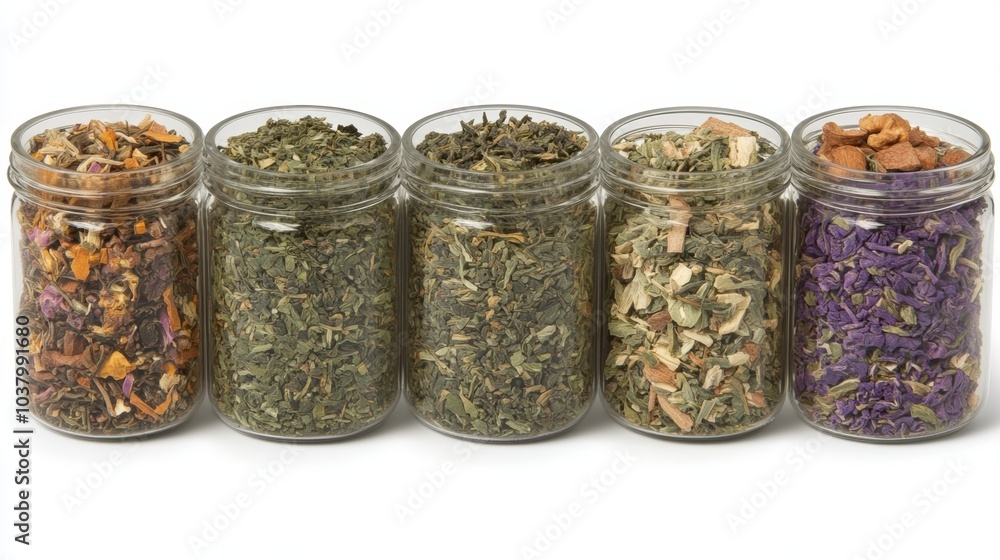 Assortment of Dried Tea Leaves in Glass Jars on White Background Assortment of Dried Tea Leaves in Glass Jars on White Background