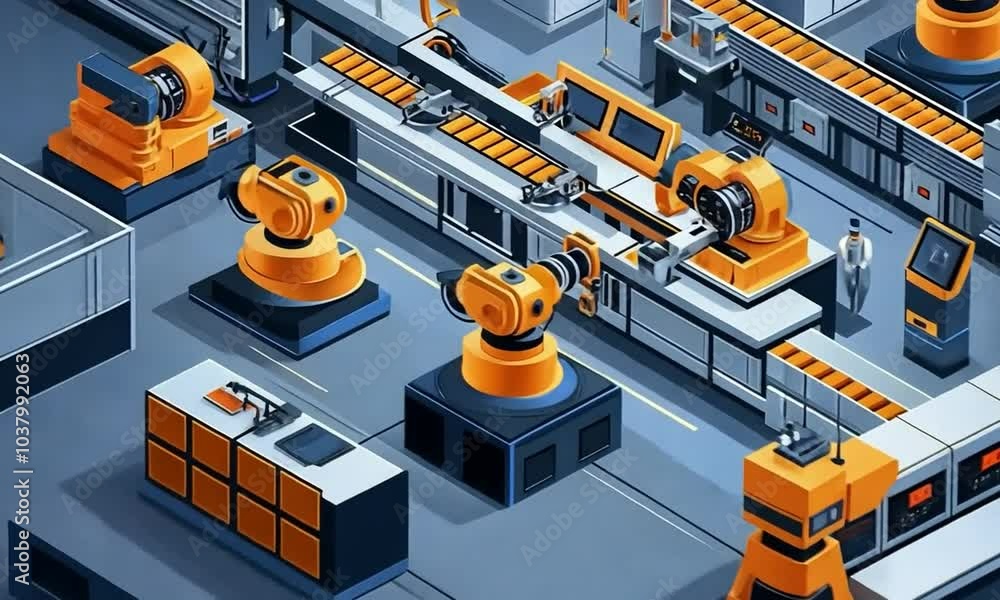 An isometric illustration of an automated factory with robotic arms and a conveyor belt. An isometric illustration of an automated factory with robotic arms and a conveyor belt.