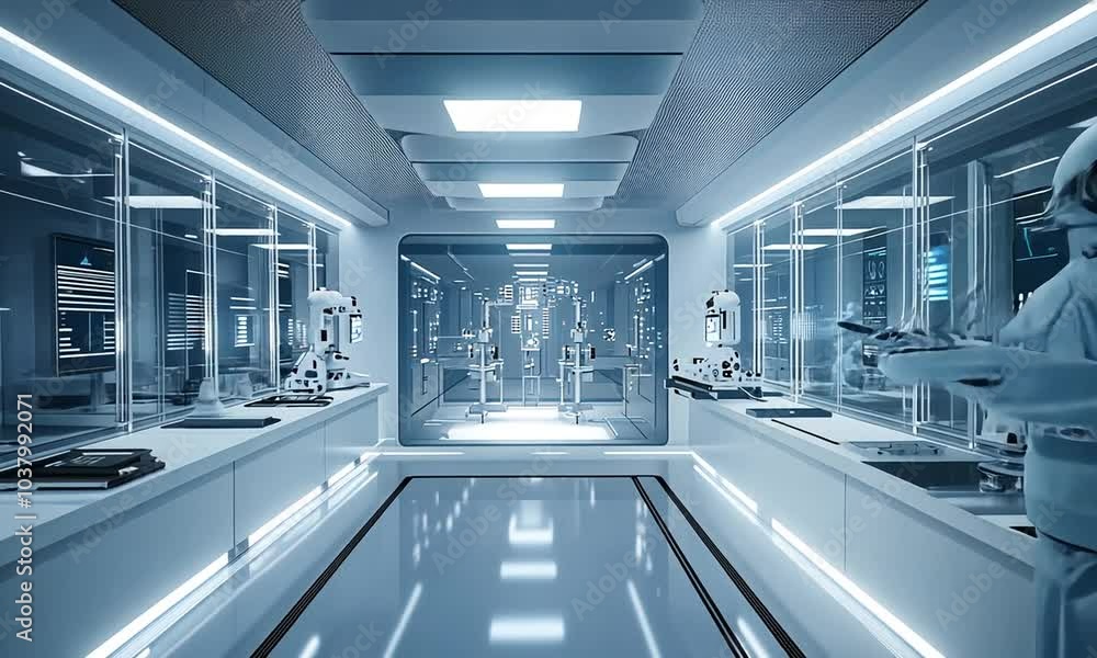 A futuristic laboratory interior with a robotic arm, a scientist in a lab coat, and high-tech equipment. A futuristic laboratory interior with a robotic arm, a scientist in a lab coat, and high-tech equipment.