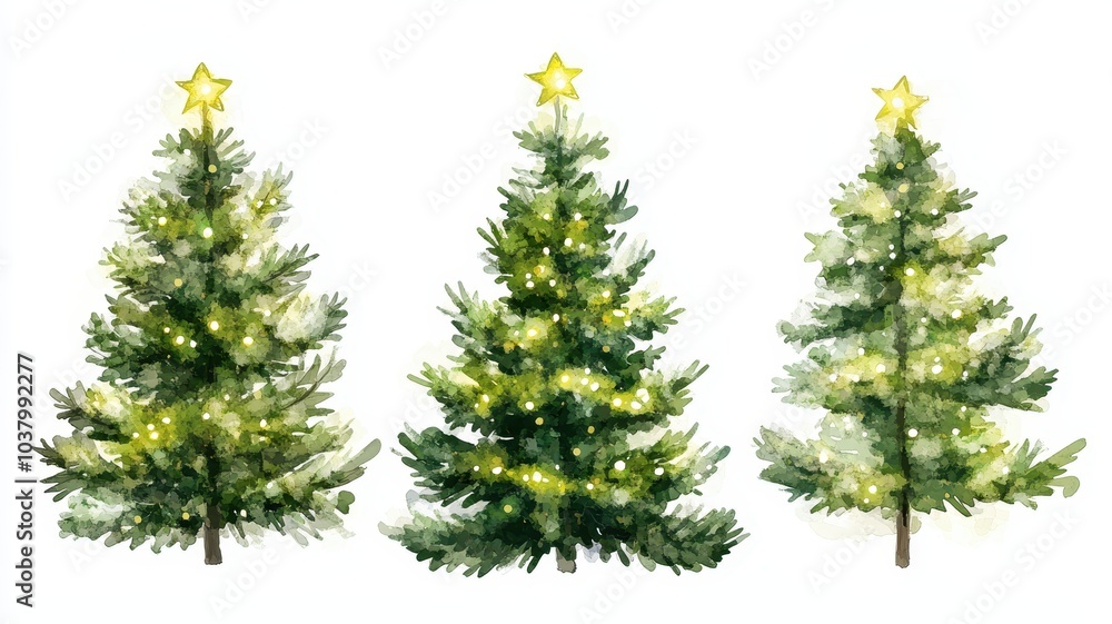 Obraz premium Collection of Christmas tree drawn with a brush on a white isolated background,greeting season and gift in christmas day,winter season,New Year decorations,fairy lights,copy space.