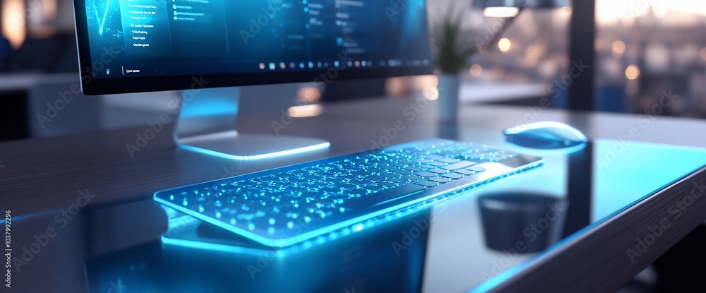 Modern computer keyboard with blue backlight on a glass desk in an office. Modern computer keyboard with blue backlight on a glass desk in an office.