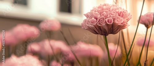  A vase filled with pink flowers sits atop a window sill, directly in front of a window