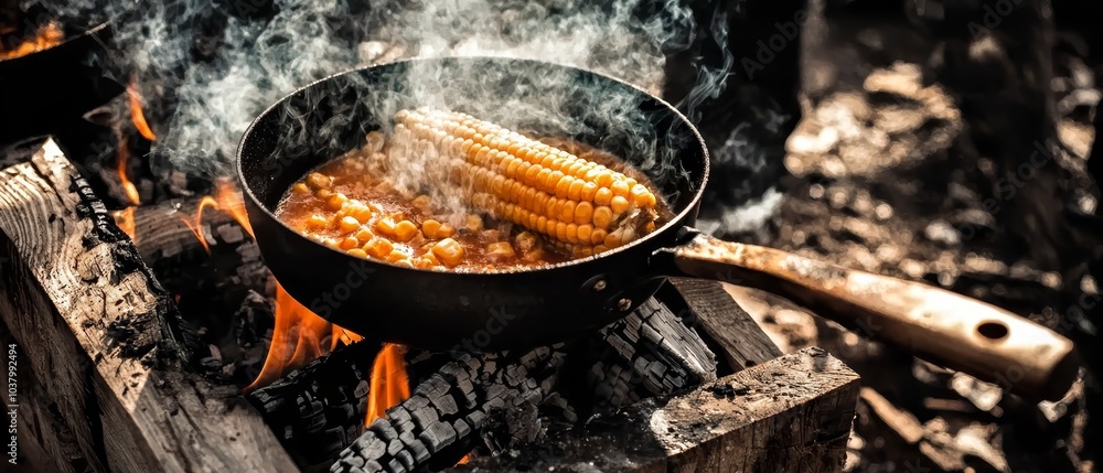 A frying pan, brimming with corn, rests above an open flame Smoke ascends from its peak A frying pan, brimming with corn, rests above an open flame Smoke ascends from its peak