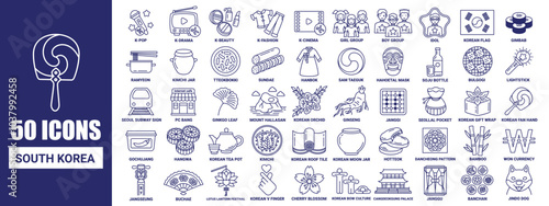 50 icon collection of south korea in black line design style