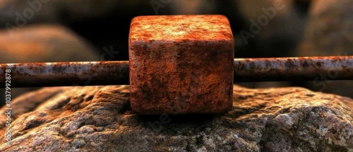  A rusted square block atop a rock Nearby, a rusted metal barrier fence