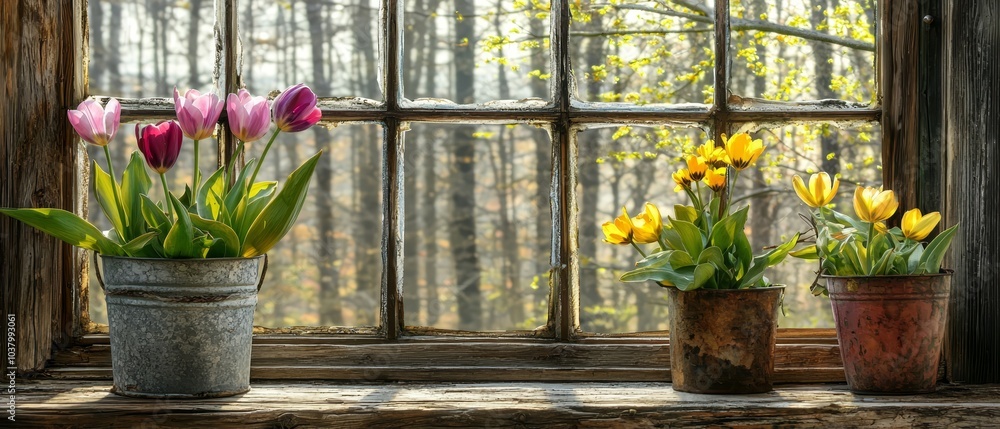 A group of flowers atop a window sill, framed by a window, faces a forest backdrop A group of flowers atop a window sill, framed by a window, faces a forest backdrop