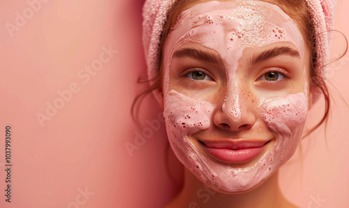 Young Woman Enjoying Skincare Routine with Hydrating Peeling Mask in Bathrobe Smiling Against Pink Background Morning Self-Care Happiness