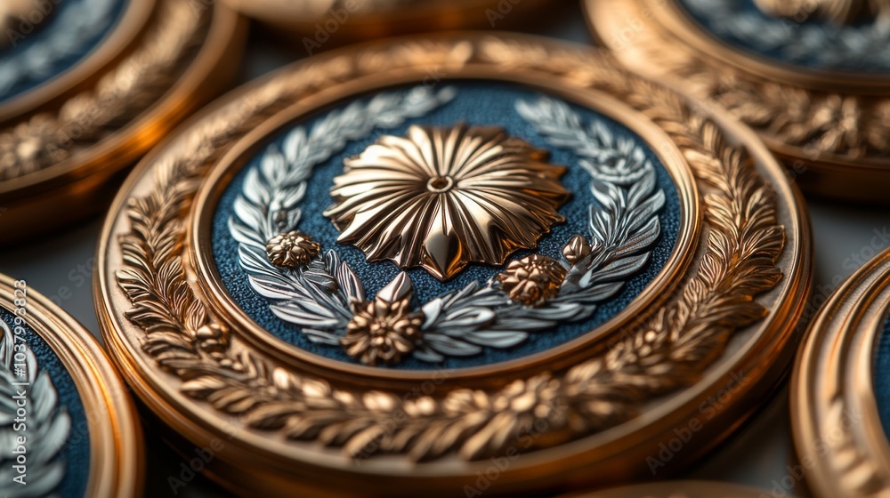 Obraz premium Close-up of a Decorative Medallion with Golden and Silver Details