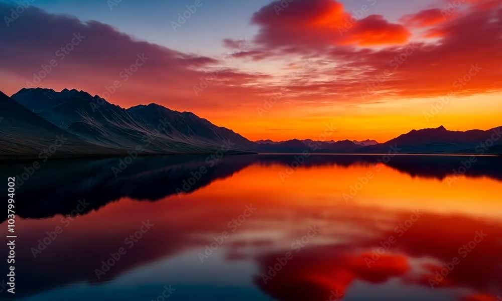 A stunning sunset over a calm lake, casting a warm glow on the mountains in the distance. The reflection of the sun and clouds on the water creates a mesmerizing effect. A stunning sunset over a calm lake, casting a warm glow on the mountains in the distance. The reflection of the sun and clouds on the water creates a mesmerizing effect.