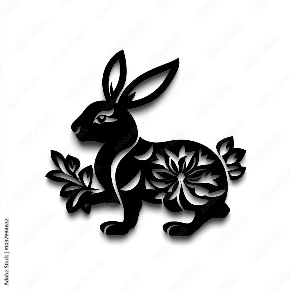 Obraz premium Lunar New Year Rabbit Silhouette Paper Cut Vector Illustration with Floral Bunny and Zodiac Symbol for Chinese Horoscope and Culture