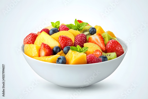 White bowl of fresh fruit salad isolated on white background