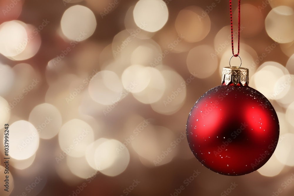 A red ornament dangles from a red string against a brown and white background Background features lights in bokeh effect A red ornament dangles from a red string against a brown and white background Background features lights in bokeh effect