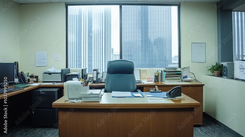 A modern office space featuring a desk, chair, and large windows overlooking a cityscape. A modern office space featuring a desk, chair, and large windows overlooking a cityscape.