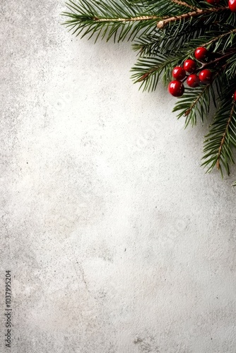  Red berries and green leaves on a white background - Christmas tree branch..White backdrop showcasing red Christmas berries and green leaves - Tree branch..