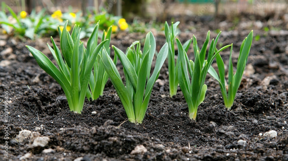 Obraz premium Freshly planted bulbs in a garden bed with small shoots emerging from the soil