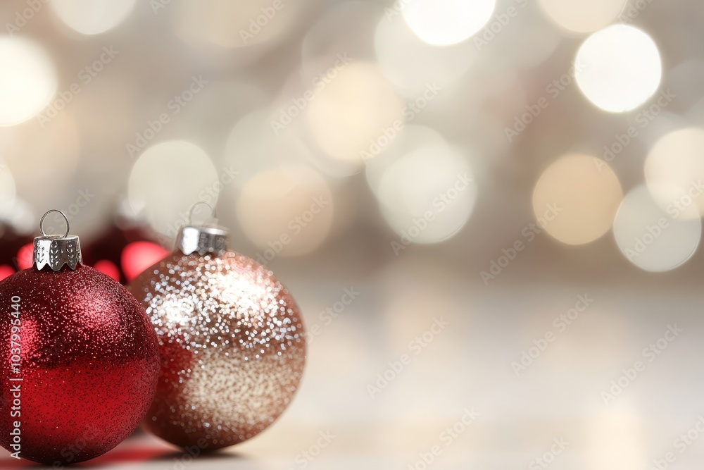 A tight shot of three Christmas ornaments on a table against a background of twinkling string lights A tight shot of three Christmas ornaments on a table against a background of twinkling string lights