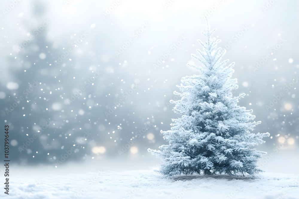 White snowy christmas tree background with lights bokeh White snowy christmas tree background with lights bokeh