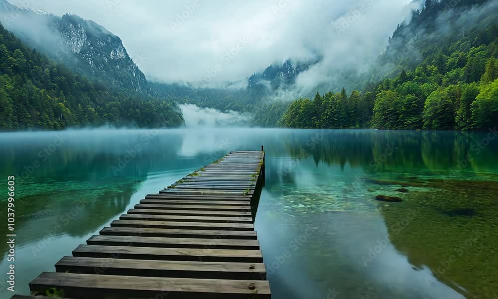 A wooden pier leading out into a still, misty lake with mountains in the background. A wooden pier leading out into a still, misty lake with mountains in the background.