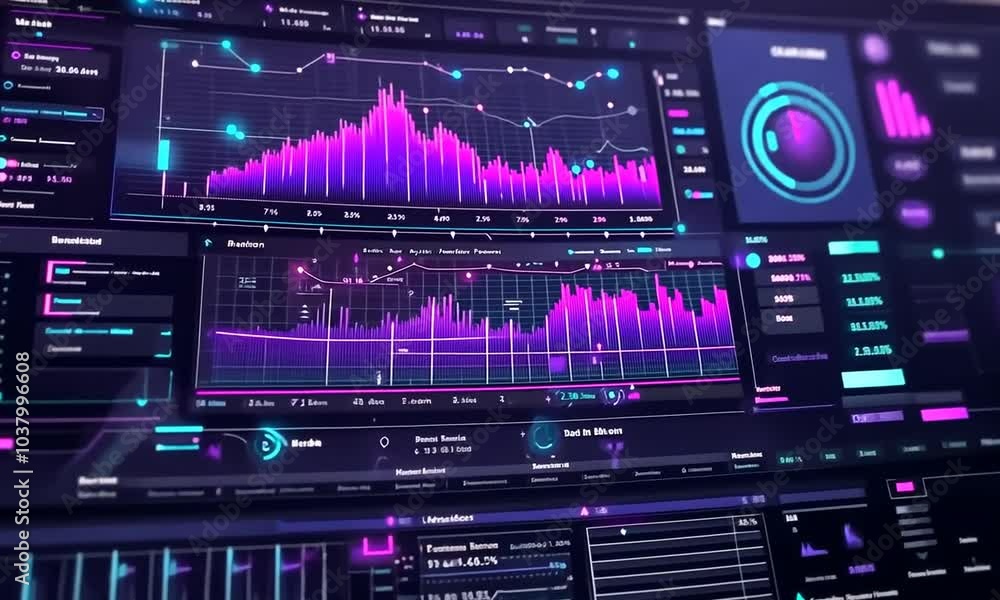 Futuristic technology interface with graphs and charts in blue and pink colors. Futuristic technology interface with graphs and charts in blue and pink colors.