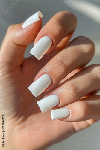 Elegant White Manicure Showcased on a Hand Under Natural Sunlight in a Bright Indoor Setting