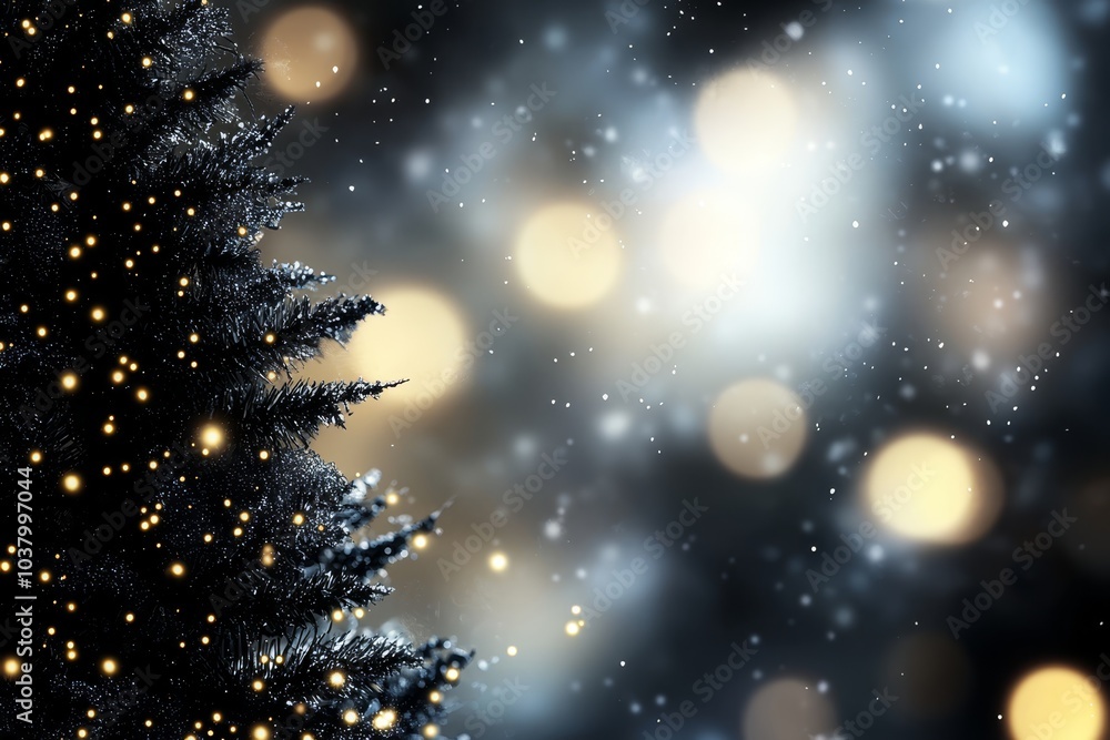 A crystal-clear image of a Christmas tree, adorned with twinkling lights against a snowy backdrop, features snowflakes in the foreground A crystal-clear image of a Christmas tree, adorned with twinkling lights against a snowy backdrop, features snowflakes in the foreground