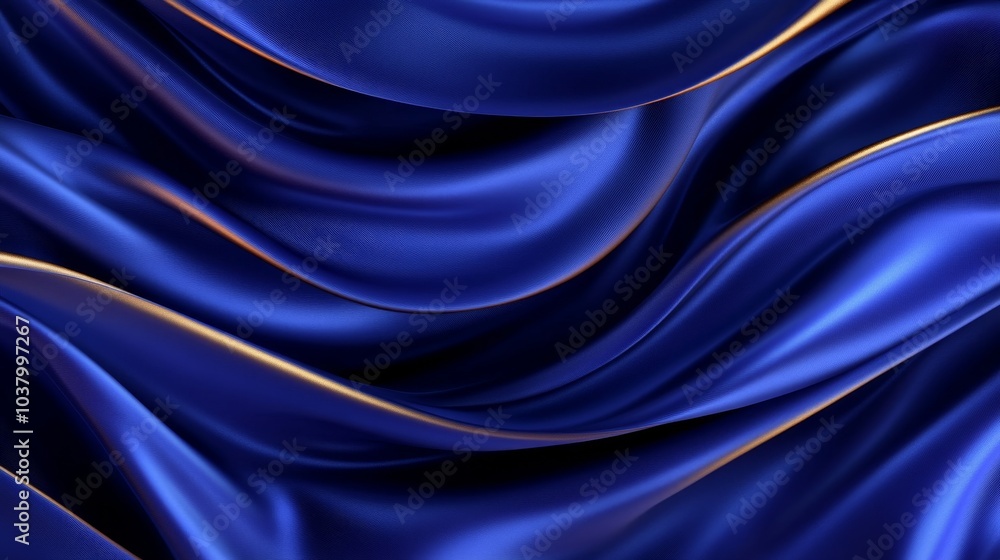 Obraz premium A close-up of flowing blue satin fabric with golden edges, showcasing texture and elegance.