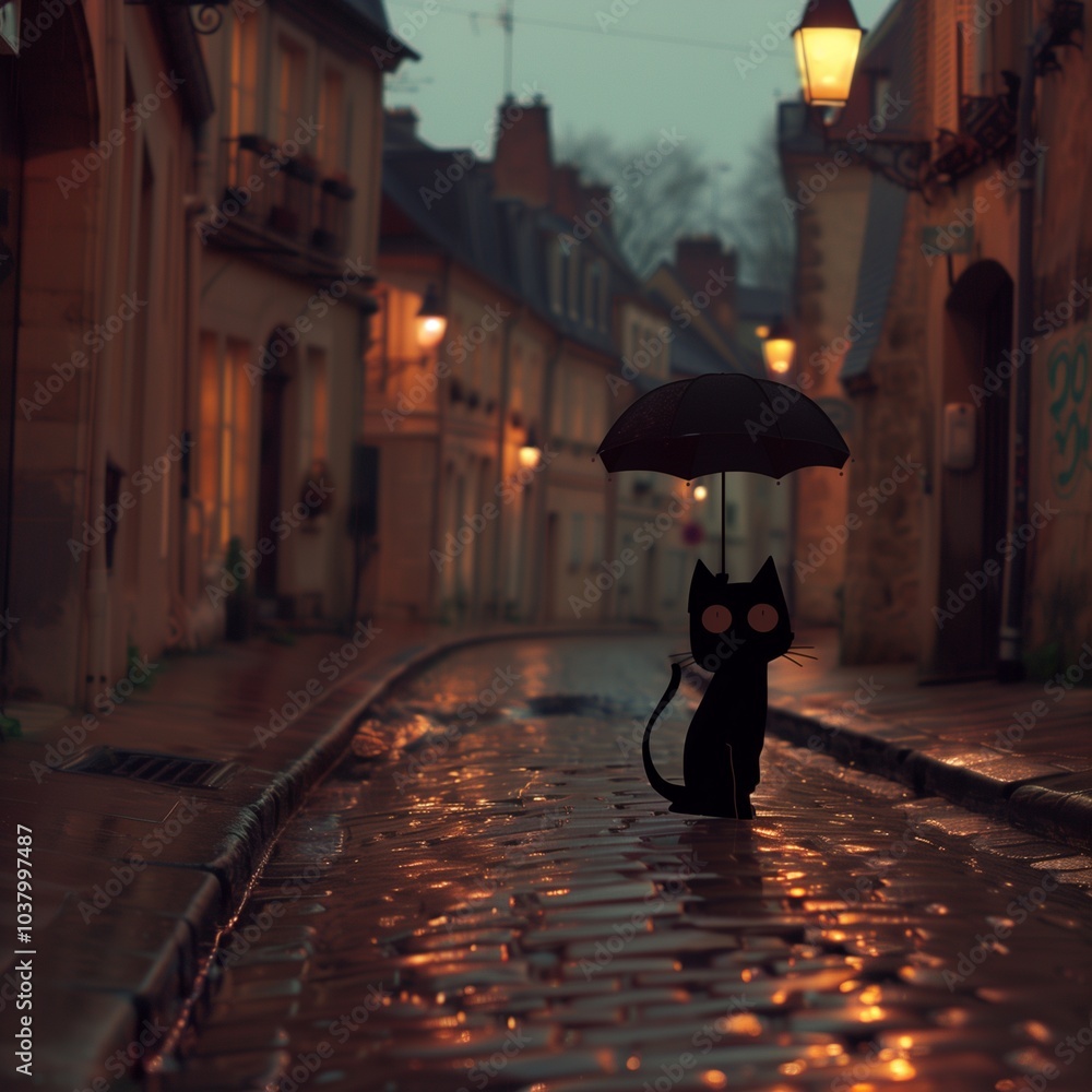 Obraz premium A street cat walks under the rain with an umbrella in a charming European alley, surrounded by old buildings.