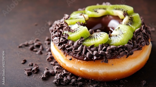 Coconut-filled donut topped with chocolate and sliced kiwi, isolated on a dark brown background with tropical decor photo