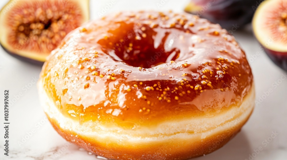 Donut filled with fig jam and topped with a honey glaze, isolated on a marble background with fig slices Donut filled with fig jam and topped with a honey glaze, isolated on a marble background with fig slices