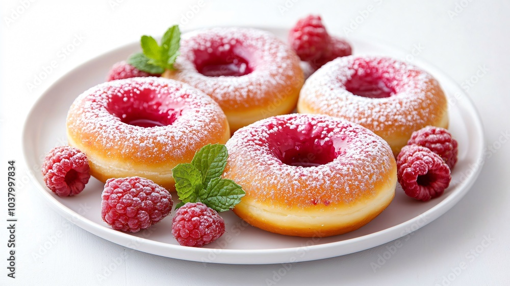 Donut filled with raspberry jam, isolated on a white ceramic plate with fresh raspberries and mint leaves Donut filled with raspberry jam, isolated on a white ceramic plate with fresh raspberries and mint leaves