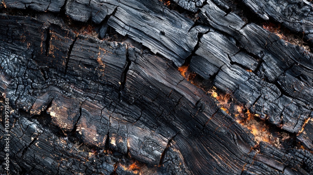 Scorched and blackened wood after a controlled burn in a forest or outdoor area Scorched and blackened wood after a controlled burn in a forest or outdoor area