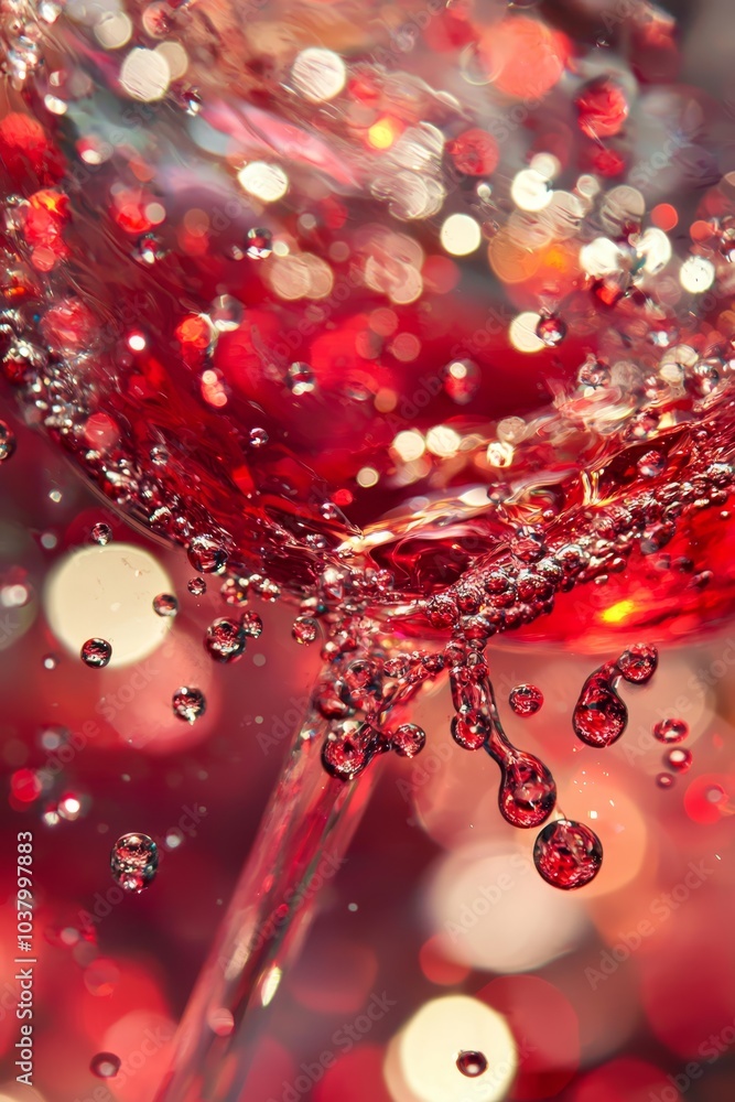 A red wine glass, with water beading on its surface, is set against a softly blurred backdrop of twinkling lights A red wine glass, with water beading on its surface, is set against a softly blurred backdrop of twinkling lights