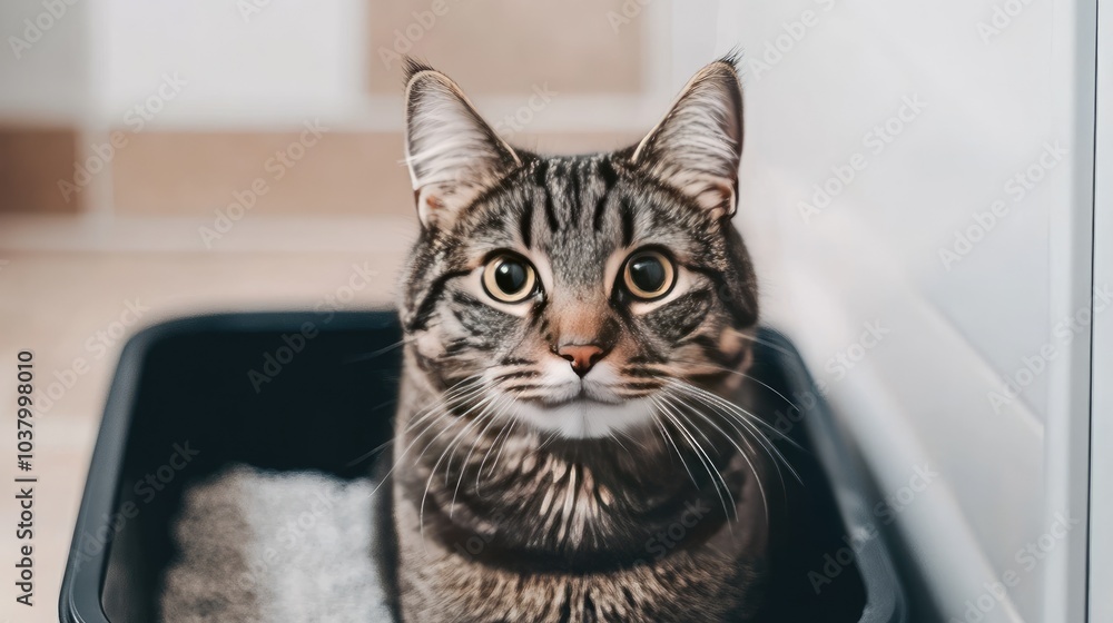 Cat Sitting in Litter Box with Curious Expression Cat Sitting in Litter Box with Curious Expression