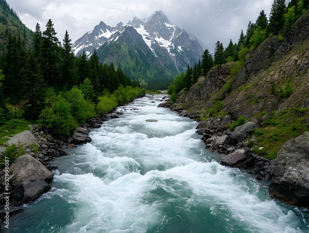 Serene Mountain River Flowing Through Lush Green Landscape Serene Mountain River Flowing Through Lush Green Landscape