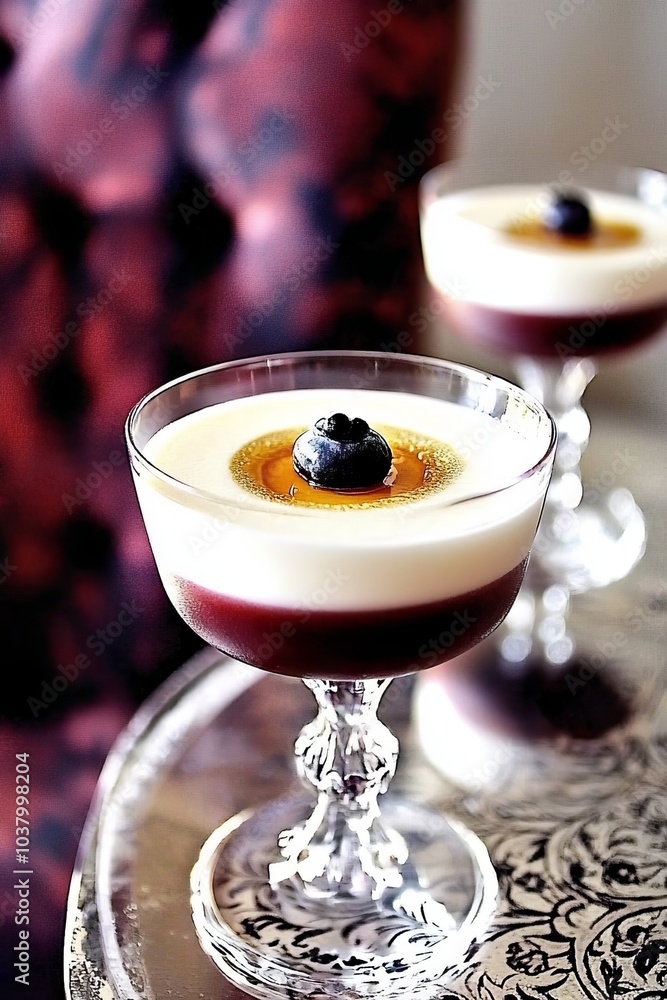 A tight shot of a dessert in a glass bowl on a table A purple chair visible in the background A tight shot of a dessert in a glass bowl on a table A purple chair visible in the background
